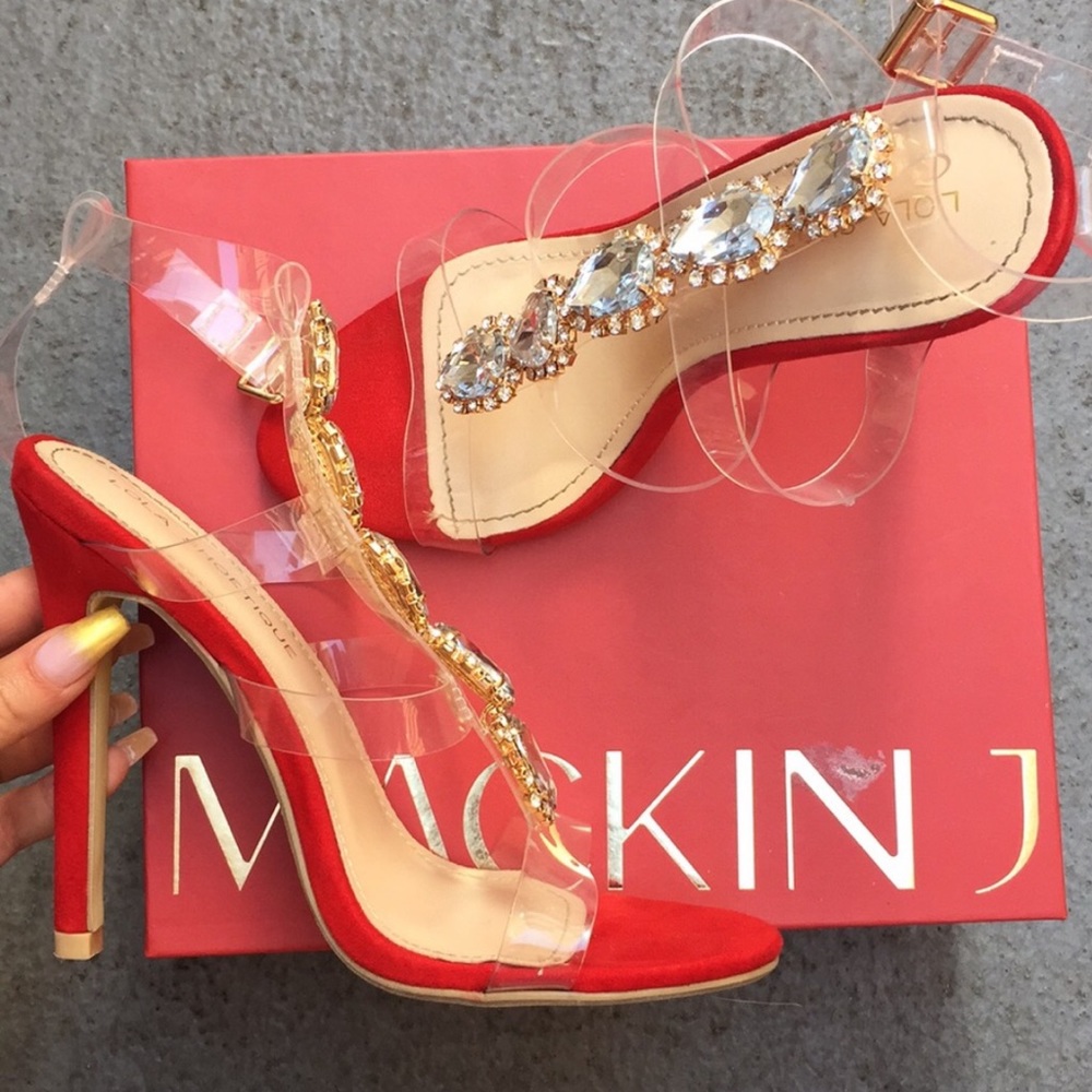 Red heels with Gold decal & Clear Strap